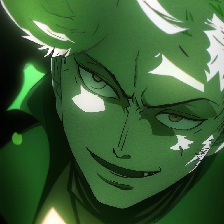 1boy, wanostyle, roronoa zoro, smiling, looking at viewer, solo, upper body, ((masterpiece)), (best quality), (extremely detailed), depth of field, sketch, dark intensive shadows, Sharp focus quality, gentlesoftlighting, hdr, colorful, Good composition, There were fires all around, spectacular, Closed shirt, Anime screenshots, Scars under the eyes, preparing to fight,