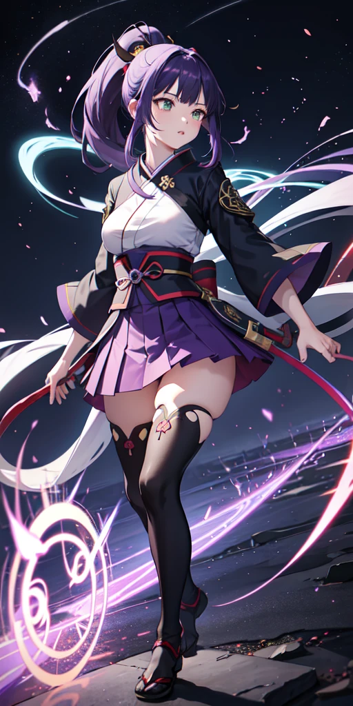1girl, japanese clothes, ponytail ,purple hair, green eyes, magic circle, blue fire, blue flames, wallpaper, landscape, blood, blood splatter, depth of field, night, light particles, light rays, sidelighting, thighs, fate \(series\), genshin impact, ****, open jacket, skirt, thighhighs, cloud