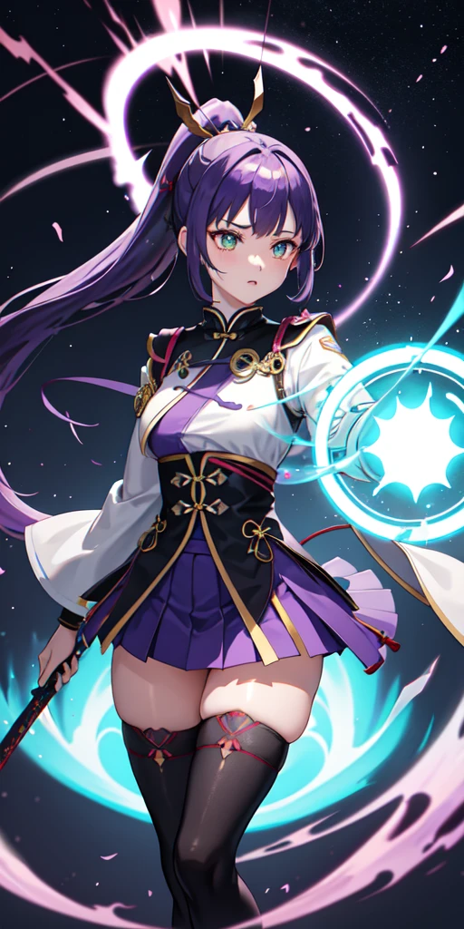 1girl, japanese clothes, ponytail ,purple hair, green eyes, magic circle, blue fire, blue flames, wallpaper, landscape, blood, blood splatter, depth of field, night, light particles, light rays, sidelighting, thighs, fate \(series\), genshin impact, ****, open jacket, skirt, thighhighs, cloud