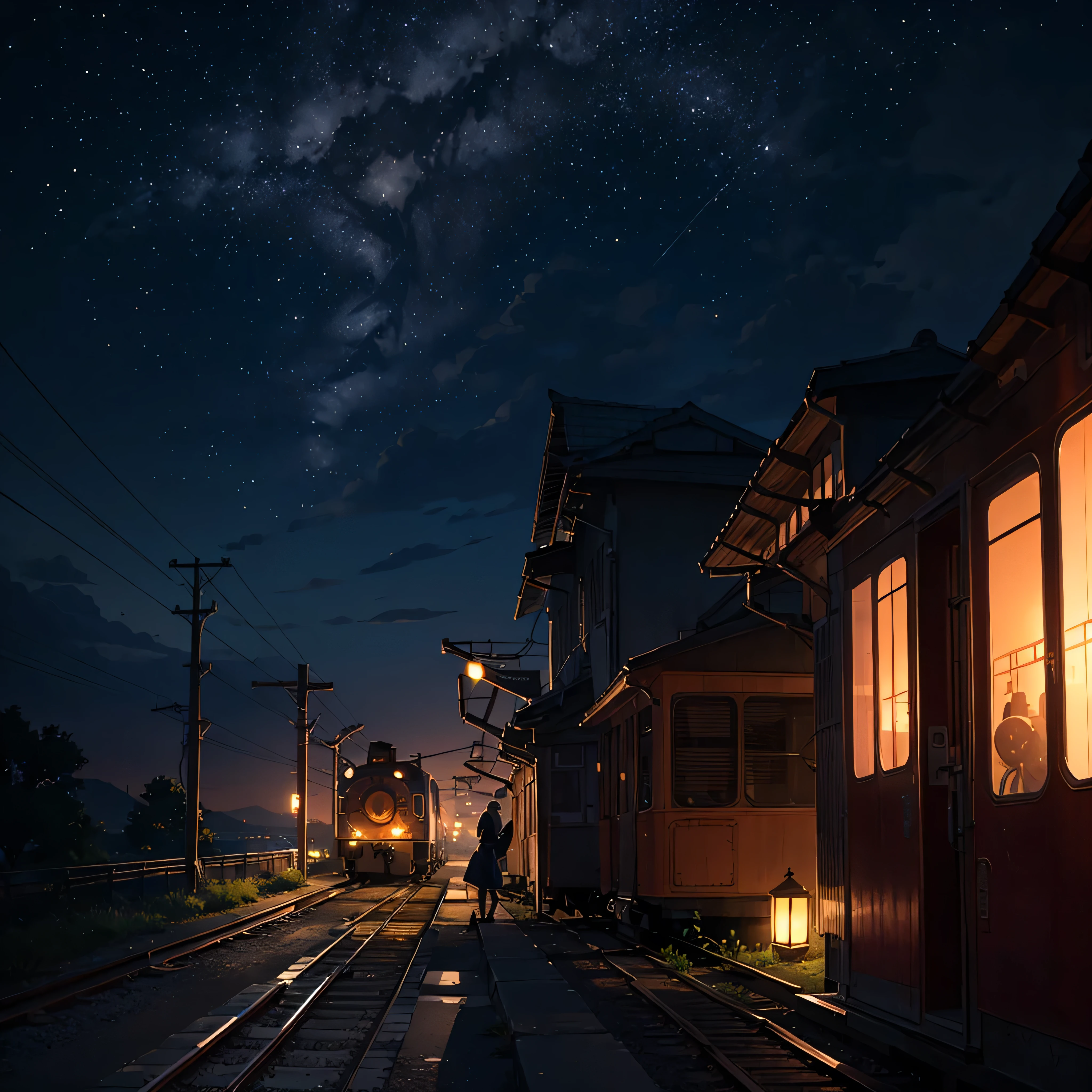 High quality masterpiece ,landscape,Animated train passing through water on the tracks, Shining starry sky。Romantic Train,irritating,Concept Art,Lofi Art style,Reflective plate。 by Makoto Shinkai, Lofi Art, Beautiful anime scene, Anime landscape, Detailed landscape, In the style of Makoto Shinkai, Makoto Shinkai's Style,Detail enhancements。