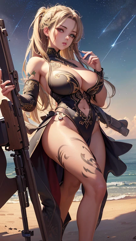 ((Highest quality)),(Ultra-high resolution),(Very detailed),(Detailed Description),((The best CG)),(masterpiece),Ultra-precise art,Amazing drawing art,(Art with precise details:1.5), (woman:1.7),(Beautiful and well-proportioned face:1.5),(Big Breasts:1.4),tattoo:1.6, shooting star