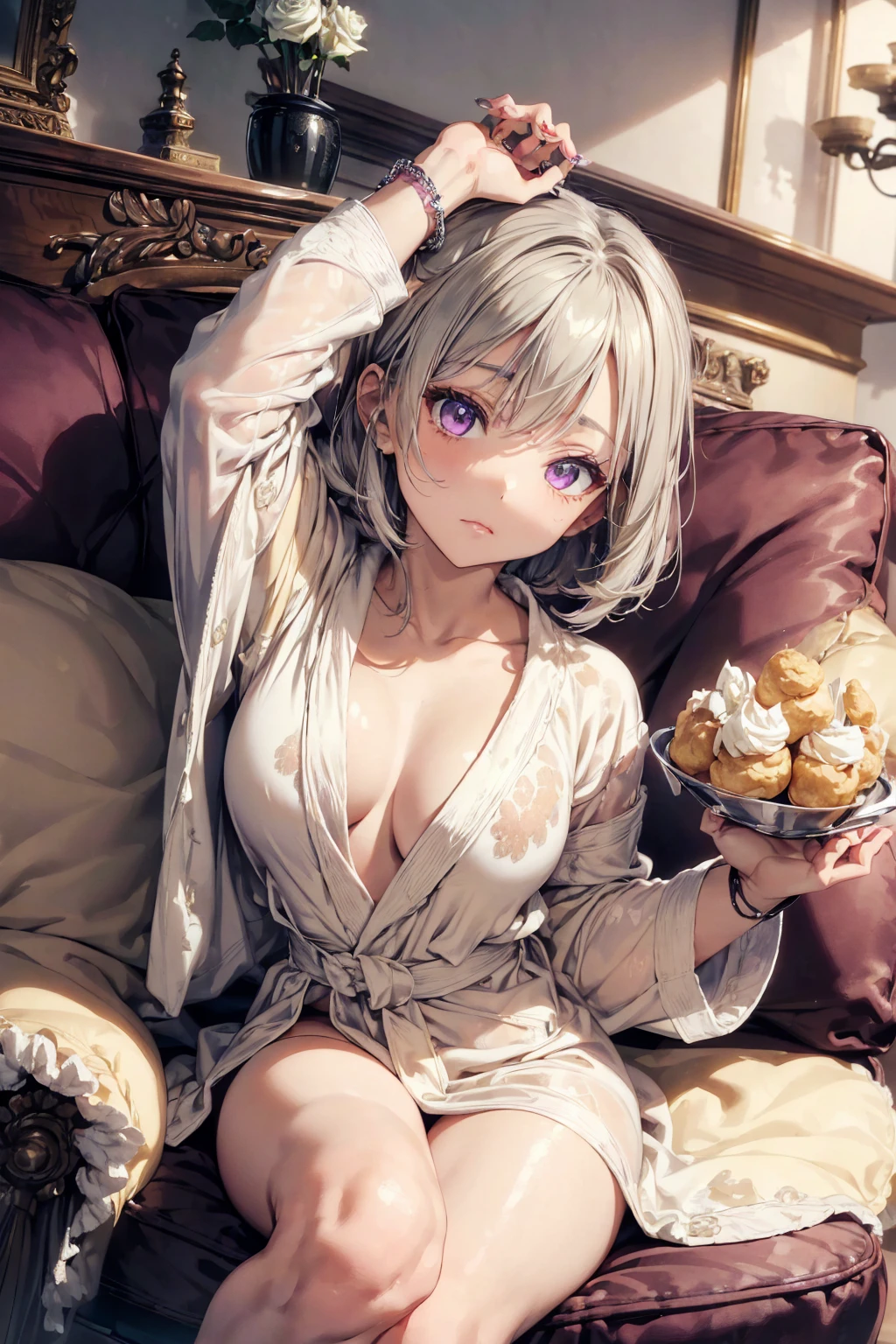 masterpiece,Highest quality,Super detailed,Highly detailed CG,High resolution,Highly detailed skin,Perfect ,Trick him?Fantastic details,Cowboy Shot,Purple eyes,lipstick,eyeliner,eye shadow,thin,Shiny skin,Medium chest,Bobcut,Silver Hair,Shiny Hair,(sleepy:1.4),(Bathrobes:1.5),(bracelet:1.4),(Crossing your legs:1.4),(Hands close to the face:1.5),(Cleavage:0.4),(living room:1.4),(cream puff:1.5),(Rose:1.3),(On the sofa:1.4)、holding cream puff in hand