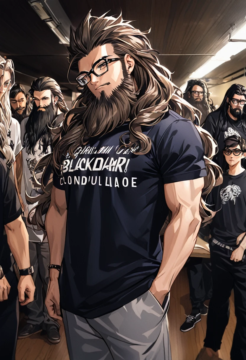 there is a man with long hair and glasses posing for a picture, Man Man Alone, with long, curly hair, longos blackquality hair ondulados e óculos, long beard, long beard, blackquality hair, black beard, band shirt, young man