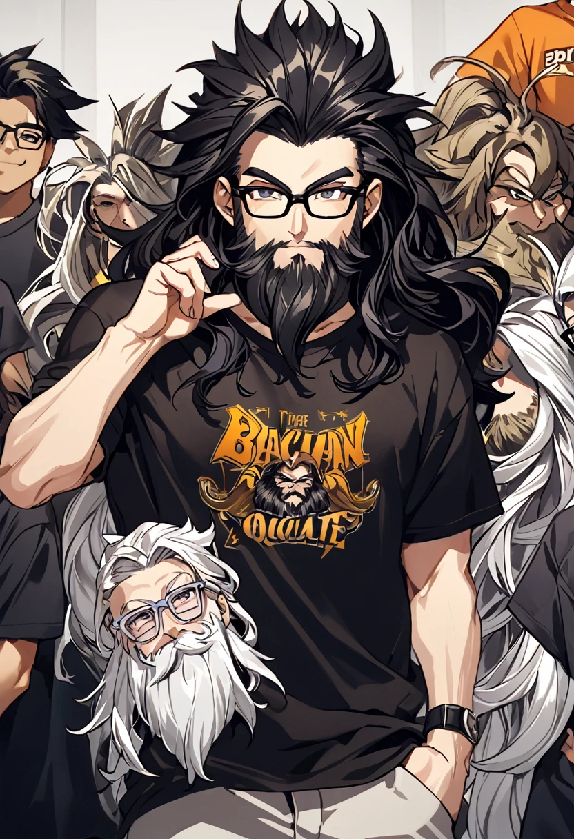 there is a man with long hair and glasses posing for a picture, Man Man Alone, with long, curly hair, longos blackquality hair ondulados e óculos, long beard, long beard, blackquality hair, black beard, band shirt, young man