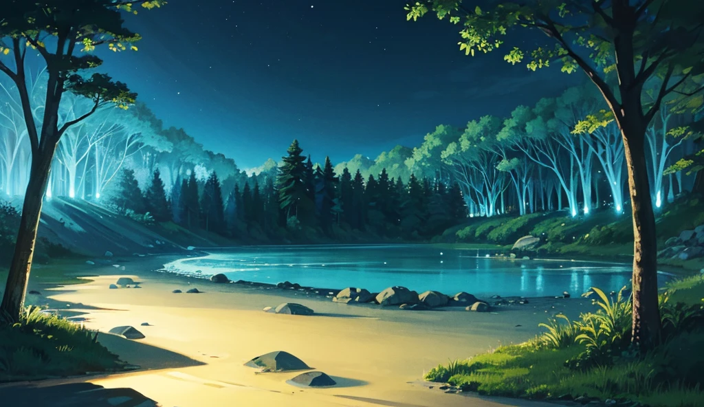 River at night in the middle of the forest. On the shore a little sand. Illustration. anime style. Luz nocturna azul