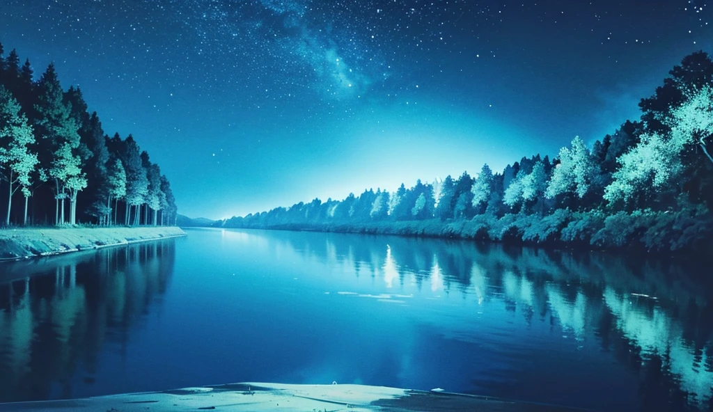 River at night in the middle of the forest. On the shore a little sand. Illustration. anime style. Luz nocturna azul