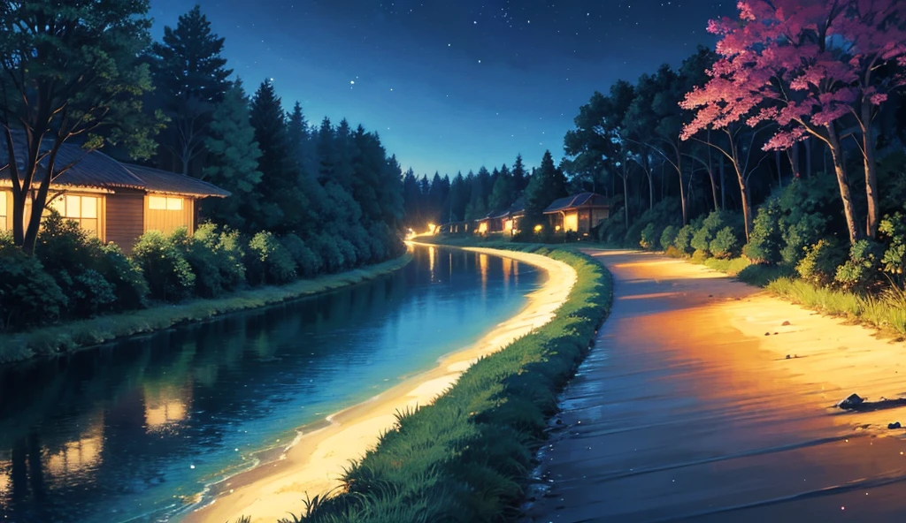 River at night in the middle of the forest. On the shore a little sand. Illustration. anime style. Luz nocturna azul