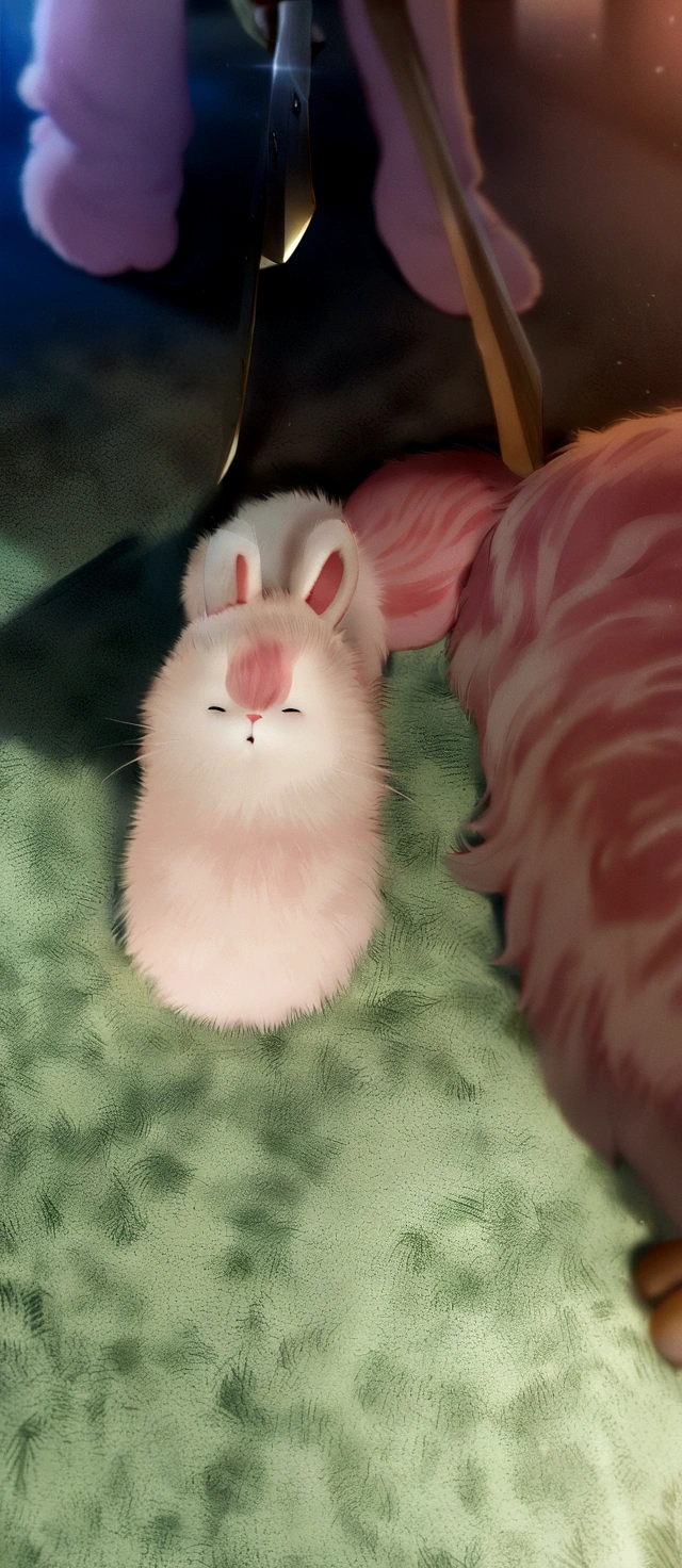 There is a cat that is lying on the floor, rabbit leg, half bunny, just a neat little thing, floppy rabbit ears, very blurry, albino dwarf, small legs, taken with sony alpha 9, shy looking down, holding a sword, thick fluffy tail, the bunny has pink fur, looking to the side, very fluffy