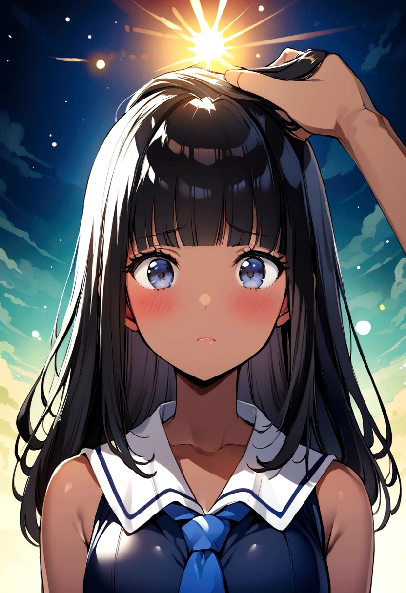 Sunburn、Tan Skin、Embarrassed、1 girl、Navy blue school swimwear,Tie your hair、blunt bangs、Black Hair、super fine illustration,(((beautiful fine hair))),(((beautiful fine face))),(((beautiful fine background))),Midsummer、beachBlack Hair、student、blunt bangs、Cross-eyed