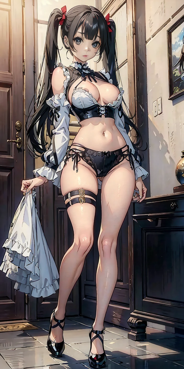 The body is slim、Masterpiece、Highest quality、Highest quality, (long and thin legs, shoes:1.2), Arm behind wrist, Standing posture、1 girl, , Cute eyes, (Detailed face:1.3)、black eye, Open your mouth, The whole face turns red, alone, Big and ample , (Straight bangs, Twin tails), White maid outfit、Side 、Underbust、belly button、Walking through the mansion'corridor