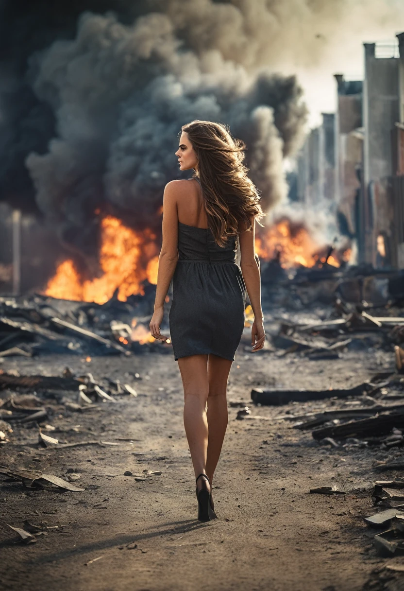 beautiful woman, long brunette hair, walking toward the viewer, huge explosion in the background, debris flying everywhere, fire, smoke, shallow depth of field, vignette, highly detailed, high budget, bokeh, cinemascope, moody, epic, gorgeous, film grain, grainy