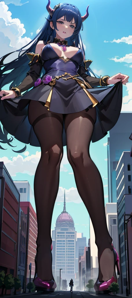 A colossal  succubus walks into a tiny city, breaking the floor and everything with her heels, she looks down and mocks you as you see from below her tiny  and long legs covered all in  pantyhose, look down, evil, better quality, close, photo under her