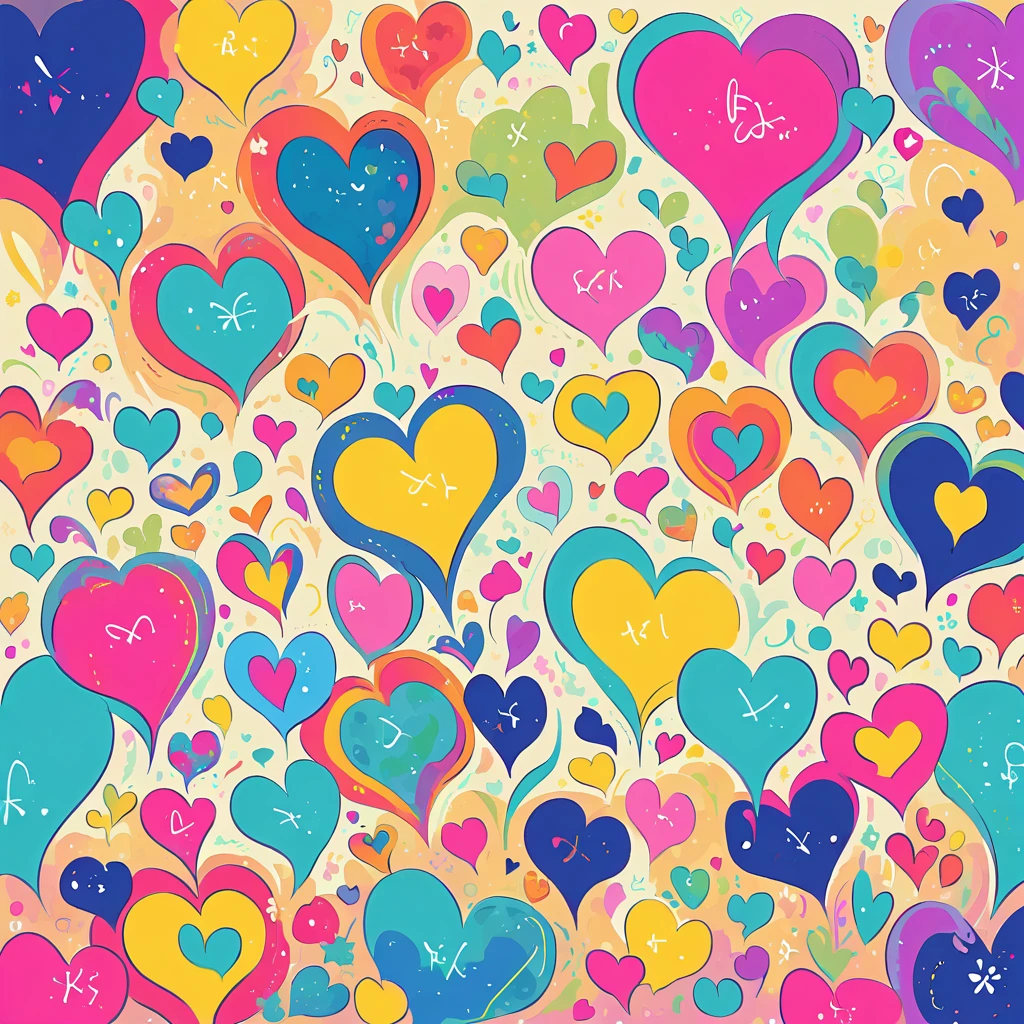 Seizo Watase style, Simple Line Initialism,Abstract art,Urban Background, colorful hearts ,Cute kitten
