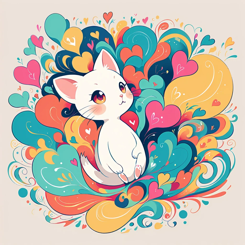 Seizo Watase style, Simple Line Initialism，Abstract art，Urban Background, colorful hearts ,Cute kitten