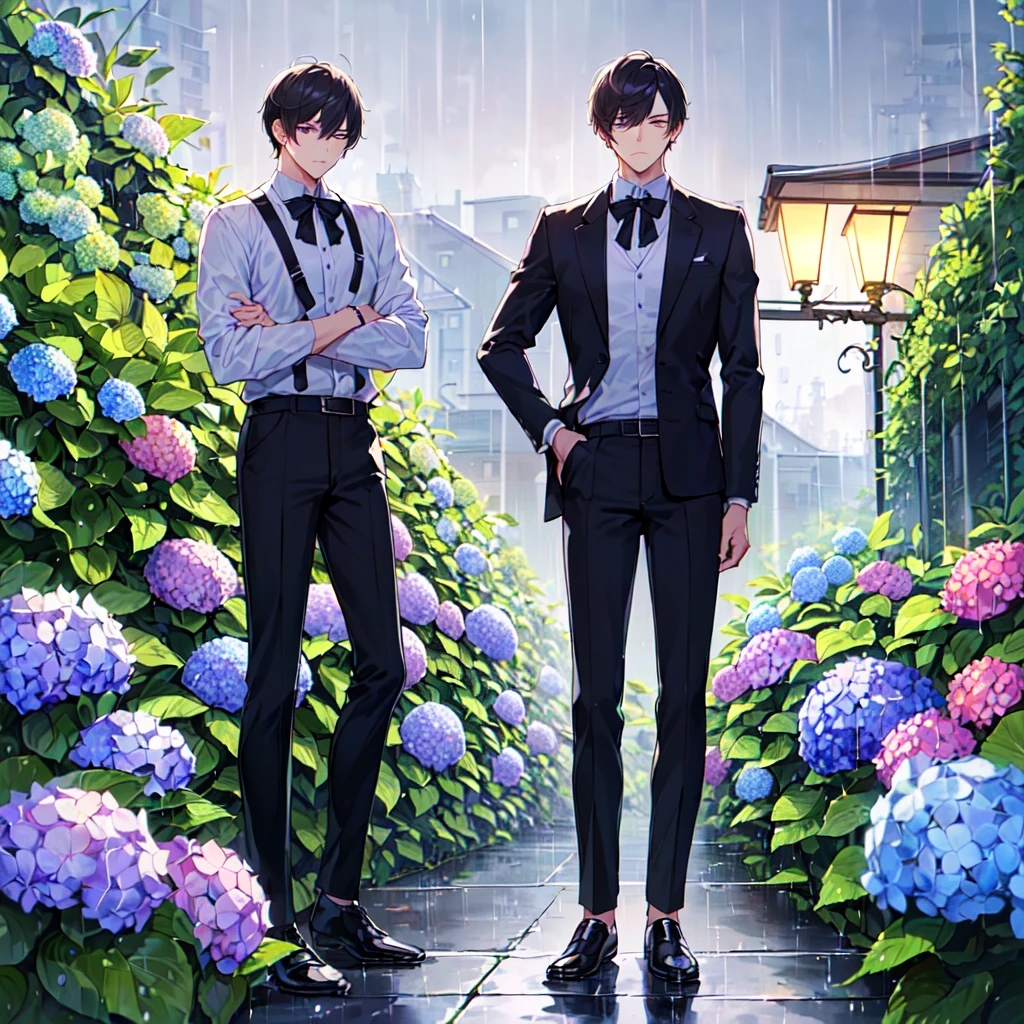 masterpiece,best quality,high quality,(1 male austere good-looking man solo adult age 30: 1.5), purple eyes, cool with suspended eyes, V-shaped eyebrows, body strong and fearless 8.5 head tall, height 185 cm, (well-groomed black short hair down to neck: 1.4), (bangs split into seven thirds: 1.4), slender nose, expression lines, throat, (shirt and black trousers: 1.3), (hand on face), (standing), (stylish pose), (melancholy expression: 1.3), (background hydrangea garden: 1.3), (night rain: 1.3)
