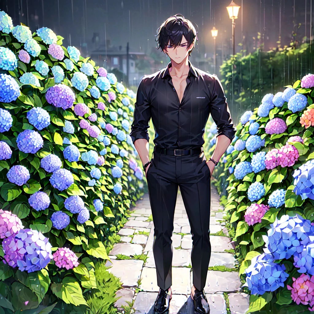  masterpiece,best quality,high quality,(1 male austere good-looking man solo adult age 30: 1.5), purple eyes, cool with suspended eyes, V-shaped eyebrows, body strong and fearless 8.5 head tall, height 185 cm, (well-groomed black short hair down to neck: 1.4), (bangs split into seven thirds: 1.4), slender nose, expression lines, throat, (shirt and black trousers: 1.3), (hand on face), (standing), (stylish pose), (melancholy expression: 1.3), (background hydrangea garden: 1.3), (night rain: 1.3)