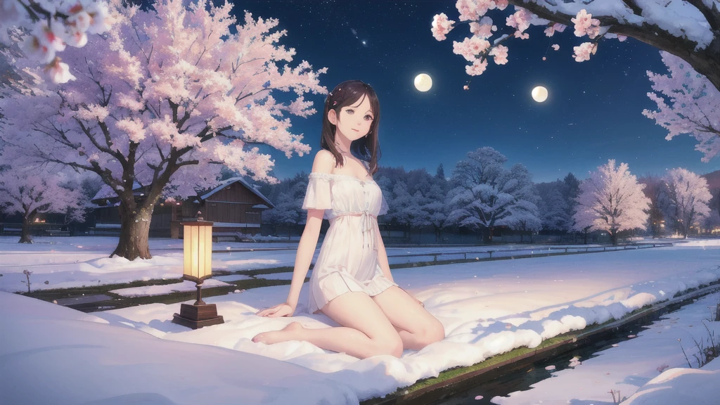 a picture,cherry trees,natta,Lit up,1 copy,realisitic,low angles,a moon