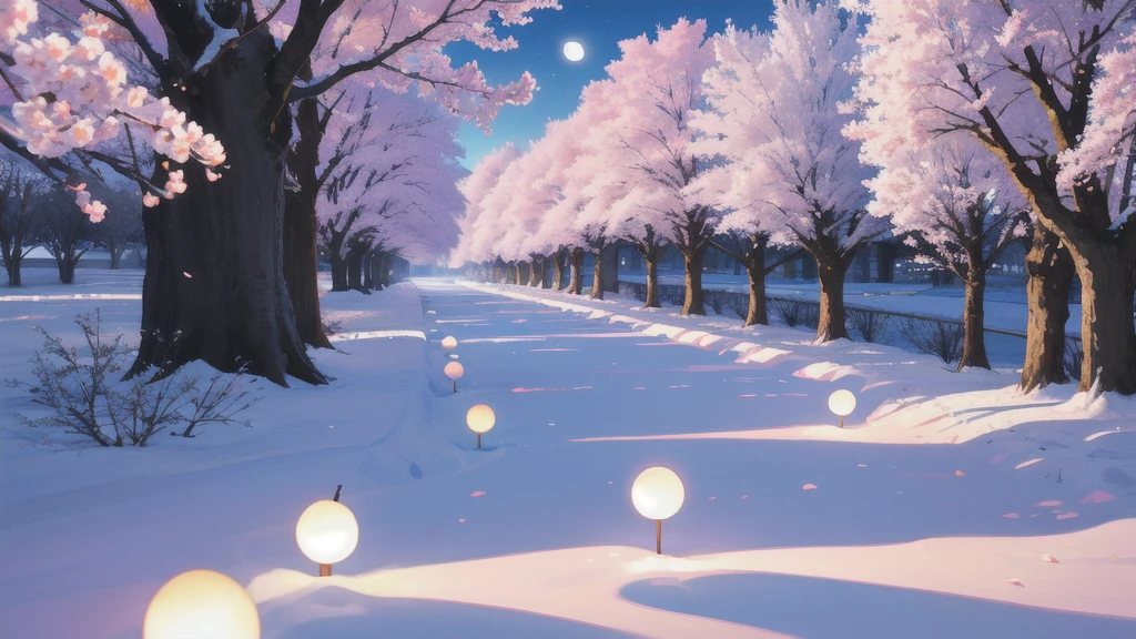 a picture,cherry trees,natta,Lit up,1 copy,realisitic,low angles,a moon
