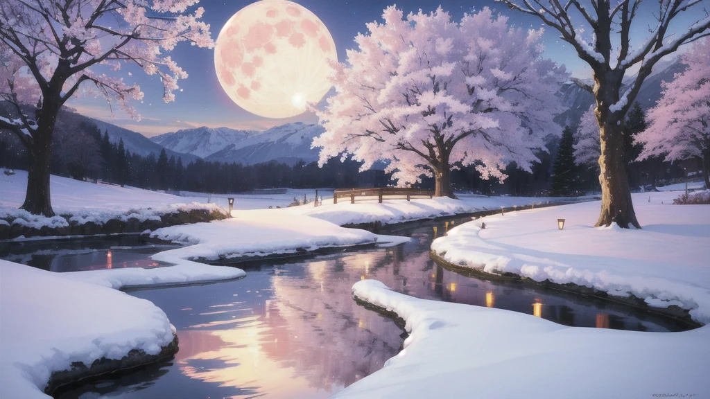 a picture,cherry trees,natta,Lit up,1 copy,realisitic,low angles,a moon