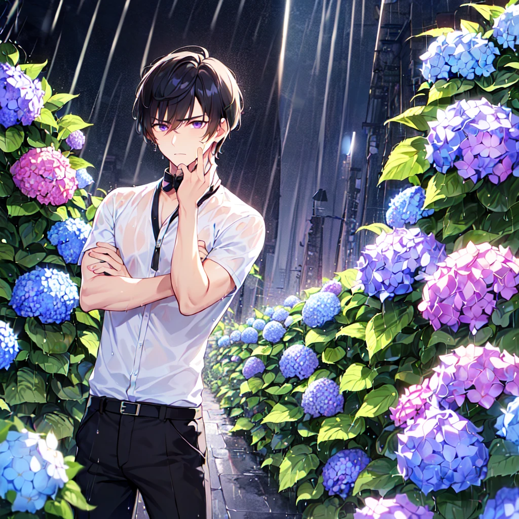 masterpiece,best quality,high quality,(1 male austere good-looking man solo adult age 30: 1.5), purple eyes, cool with suspended eyes, V-shaped eyebrows, body strong and fearless 8.5 head tall, height 185 cm, (well-groomed black short hair down to neck: 1.4), (bangs split into seven thirds: 1.4), slender nose, expression lines, throat, (shirt and black trousers: 1.3), (hand on face), (standing), (stylish pose), (melancholy expression: 1.3), (background hydrangea garden: 1.3), (night rain: 1.3)