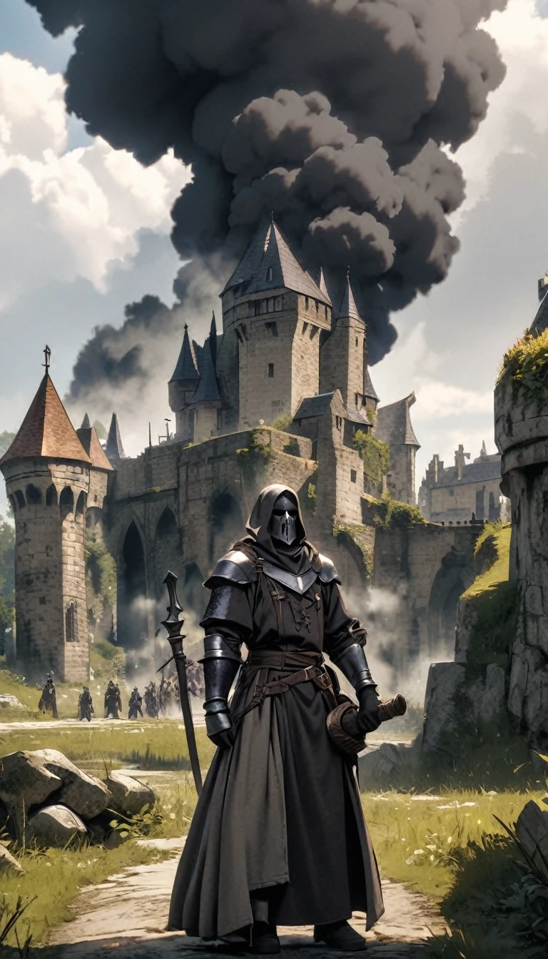 a humanoid figure thats made up of black smoke, purple eyes, 1male, Medieval Fantasy setting, black smoke coming out of human