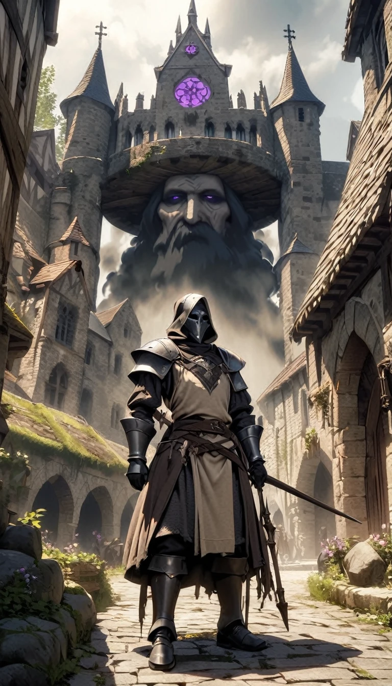 a humanoid figure thats made up of black smoke, purple eyes, 1male, Medieval Fantasy setting, black smoke coming out of human