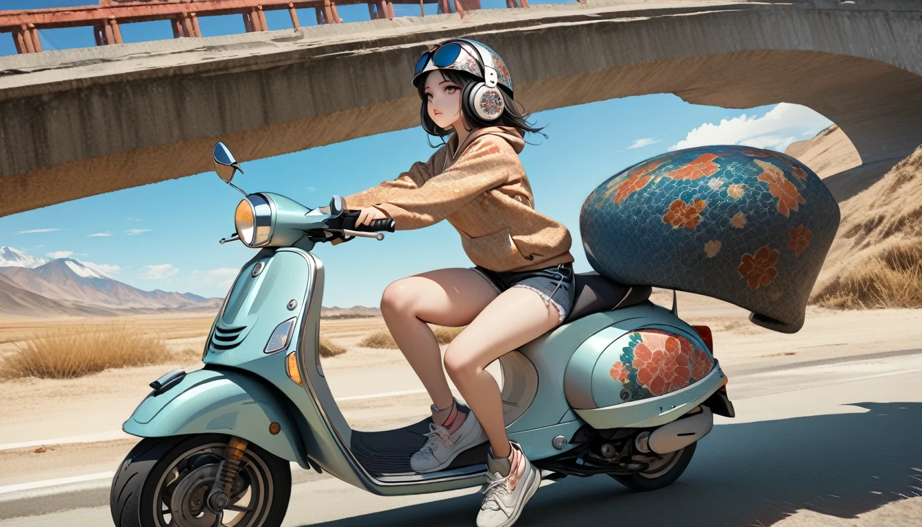 (((8K, Masterpiece, high resolution, highest quality, highest quality real texture skin))), ((wearing Japanese pattern headphones)), (((1 girl))), (((Driving a Vespa))), ((sunglasses)), (Japanese pattern hoodie, super mini shorts), (Black shiny hair, beige skin), ((Japanese patterned helmet)), (surreal, digital painting)