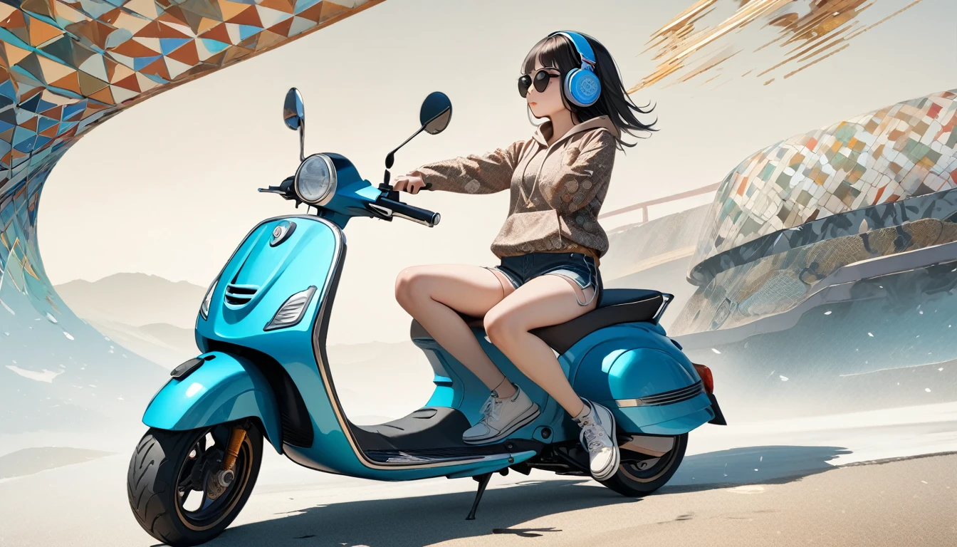 (((8K, Masterpiece, high resolution, highest quality, highest quality real texture skin))), ((wearing Japanese pattern headphones)), (((1 girl))), (((Driving a Vespa))), ((sunglasses)), (Japanese pattern hoodie, super mini shorts), (Black shiny hair, beige skin), ((Japanese patterned helmet)), (surreal, digital painting)