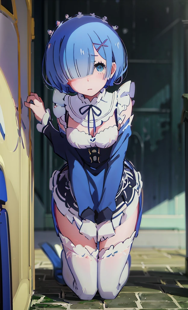 チdress、On all fours、bra、I can see her panties、I can see the valley、dress、Leaning forward、On all fours、Blushing、、Glamorous expression、Blushing、Blue Hair