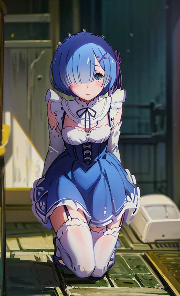 チdress、On all fours、bra、I can see her panties、I can see the valley、dress、Leaning forward、On all fours、Blushing、、Glamorous expression、Blushing、Blue Hair