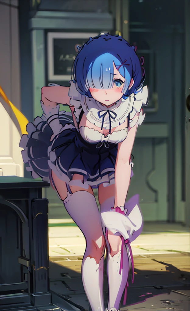 チdress、On all fours、bra、I can see her panties、I can see the valley、dress、Leaning forward、On all fours、Blushing、、Glamorous expression、Blushing、Blue Hair