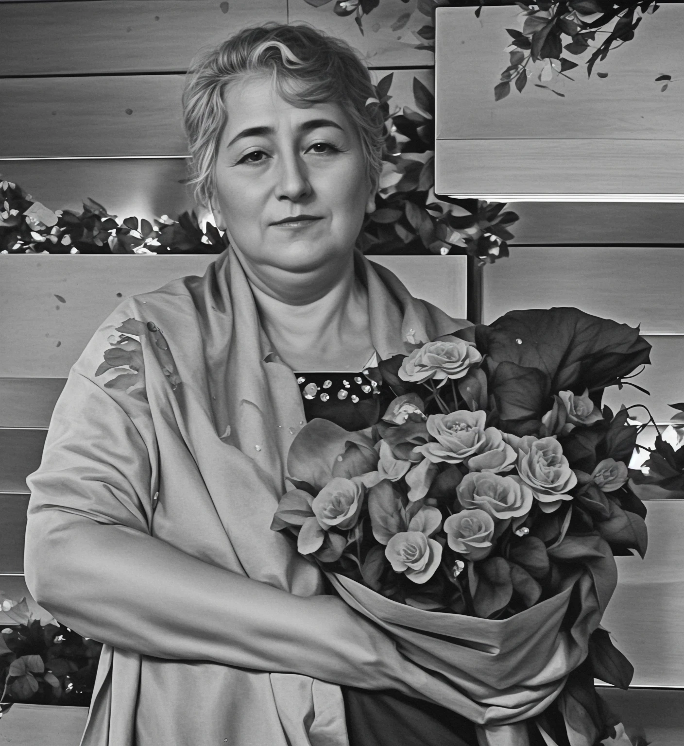 Женщина 55 лет, букет роз в руках, specular lighting, dslr, ultra quality. sharp focus, tack sharp, dof, film grain, Fujifilm XT3, crystal clear, 
