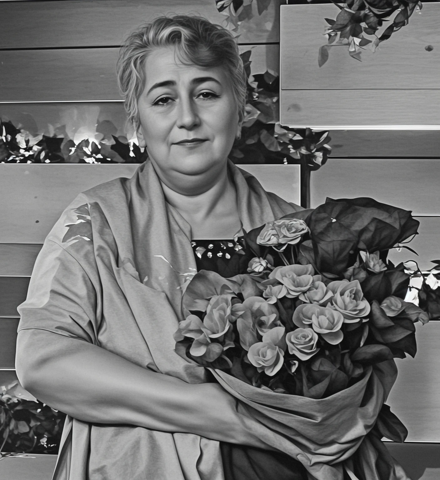 Женщина 55 лет, букет роз в руках, specular lighting, dslr, ultra quality. sharp focus, tack sharp, dof, film grain, Fujifilm XT3, crystal clear, 