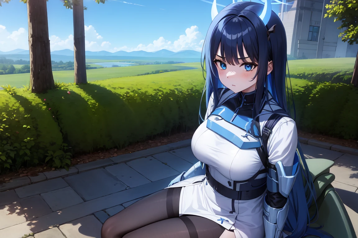 1girl,solo, saorijoumae, saori joumae, blue eyes, blue hair, halo, long hair, sitting, looking at viewer, adventurer clothes, light armor, horns, outdoors