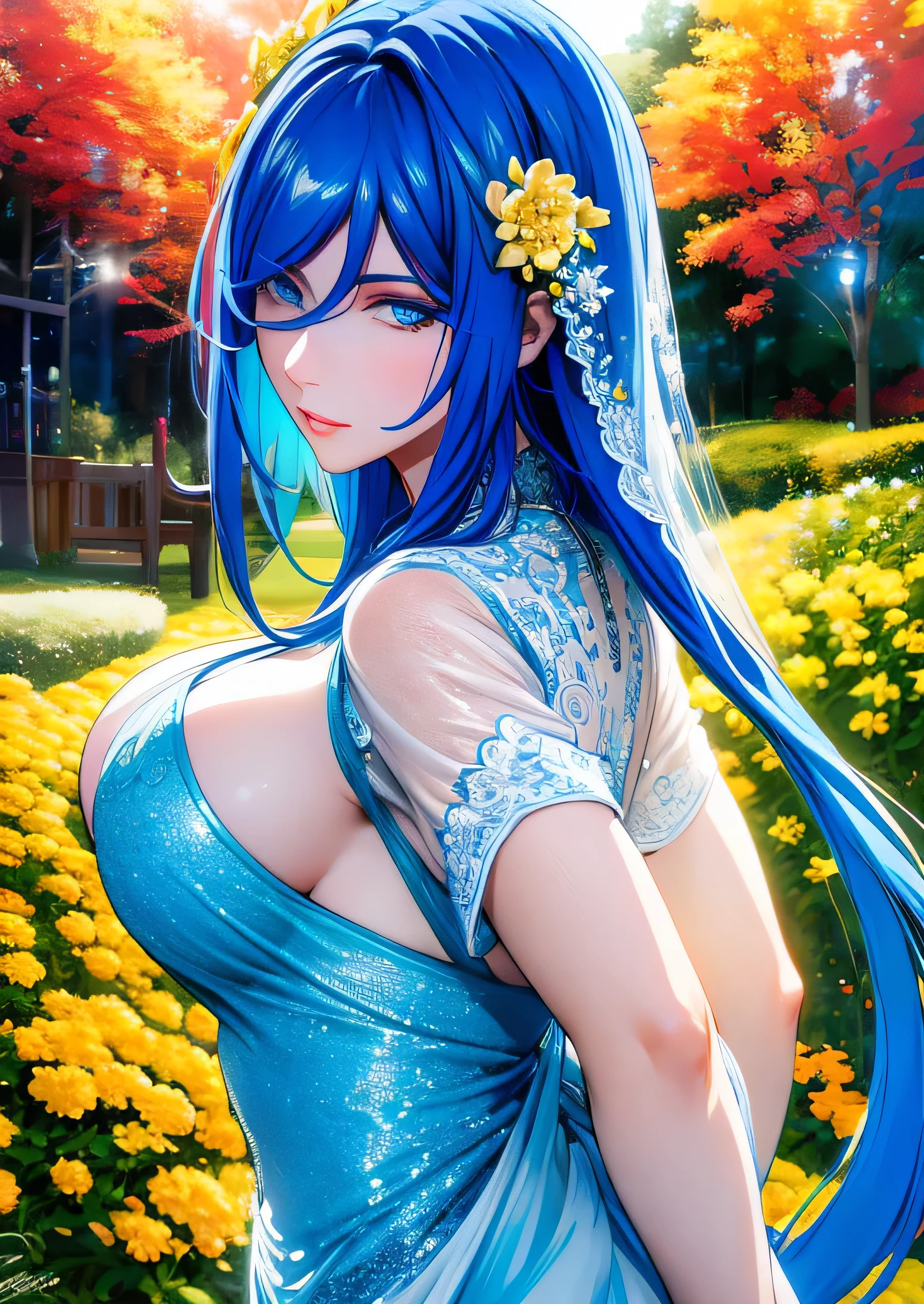realistic,photorealistic,photo-realistic:1.37,4k,8k,highres,masterpiece:1.2,ultra-detailed,HDR,UHD,studio lighting,ultra-fine painting,sharp focus,physically-based rendering,extreme detail description,professional,vivid colors,bokeh,girl,Kalawarna,holding hands with viewmer,looking back,beautiful detailed eyes,beautiful detailed lips,extremely detailed eyes and face,long eyelashes,beautiful detailed dress,sunlit garden,colorful flowers,intricate background details,warm lighting,vibrant colors,lush foliage