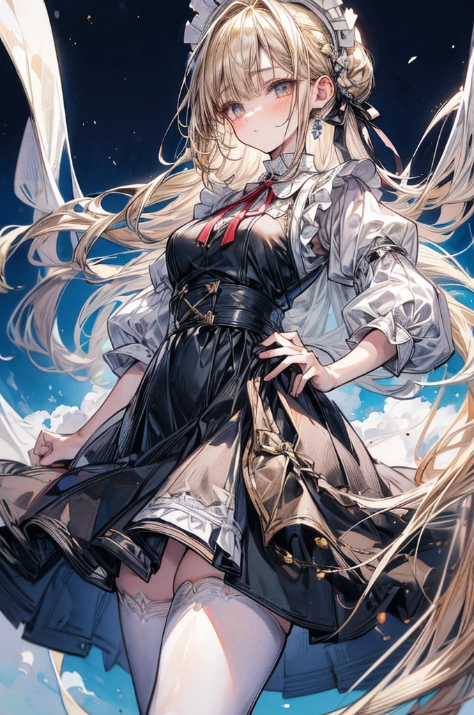 ((Sketch)), ((Watercolor)),((best quality)) ((best quality)), ((masterpiece)), (detailed), HD, Highly Detailed, 4k image, anime style, beautiful young teenage girl, 13 years old, pearly white skin, Blonde braided ponytail hair, adorable and cute facial features, golden-brown colored eyes, White French Maid Uniform, Black sheer stockings plump thick lips, tiny breasts, slender and slim toned body type, tall height(180cm), small narrow waist, wide curvy hips, plump large round ass, full body picture