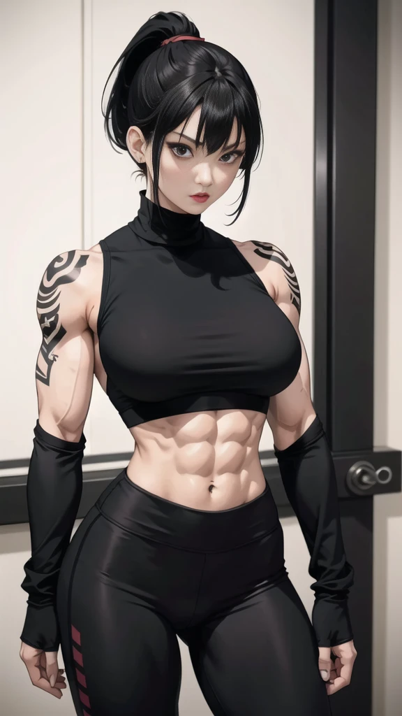 Boy, Asian, , adult, tattoo, lipstick, gothic, girl face, serious face, , black hair (ponytail with bangs),perfect body, fit body, thin waist, muscular, yoga pants, big sweatshirt