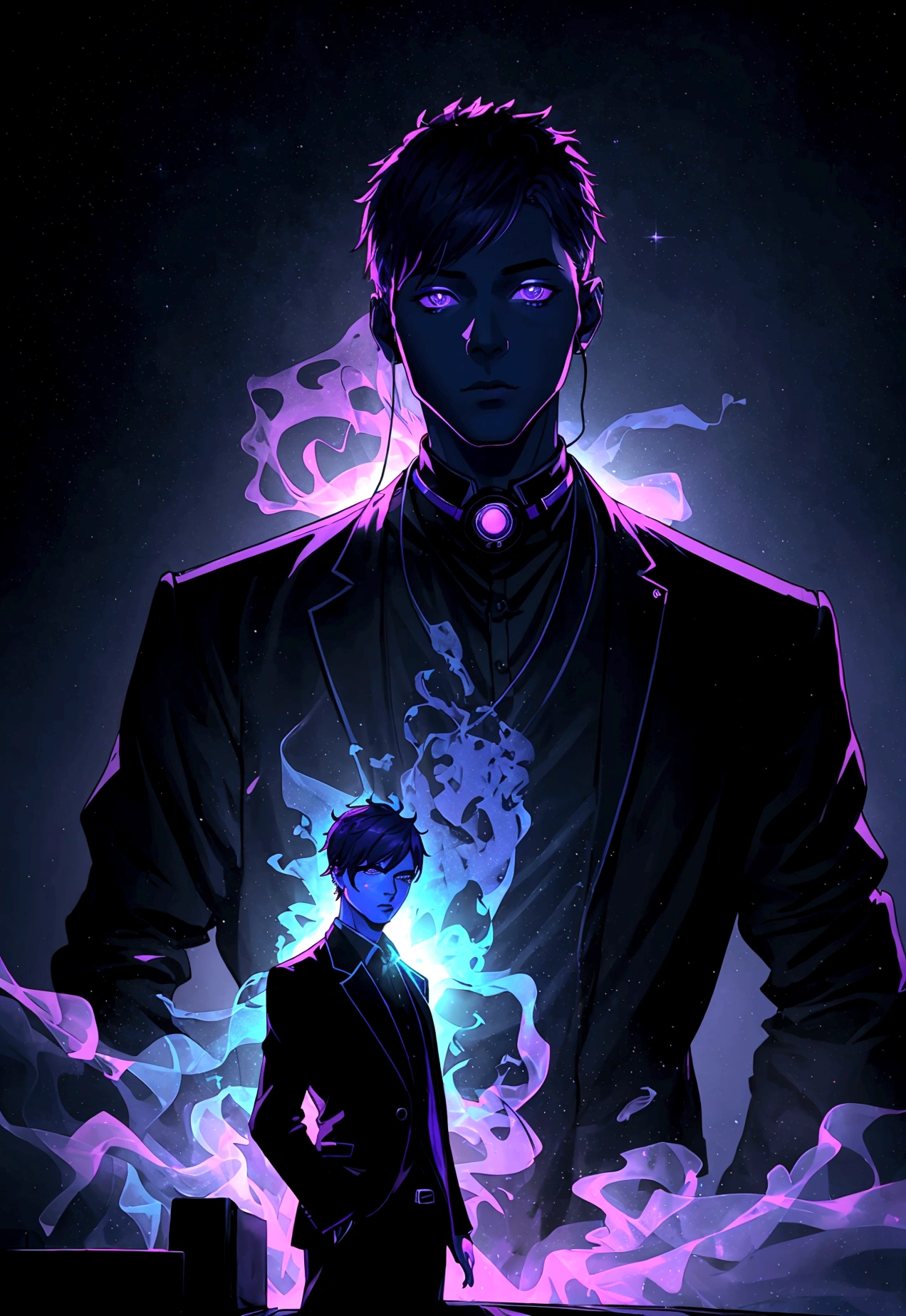male silhouette with blue and purple light for miniature for music genre phonk