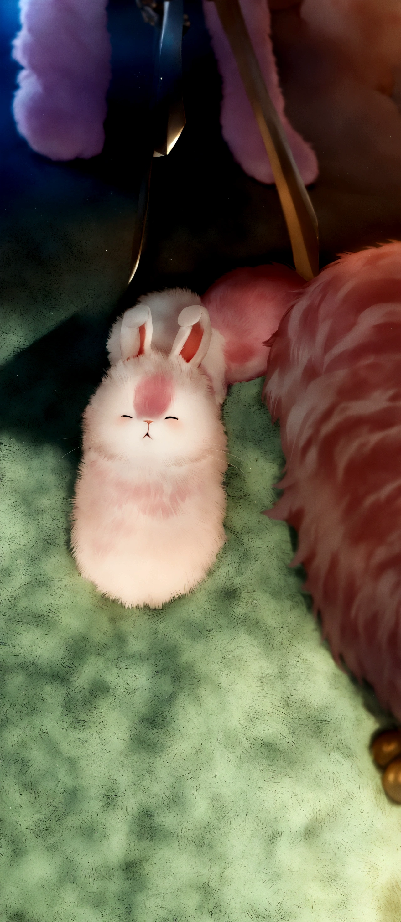 There is a cat that is lying on the floor, rabbit leg, half bunny, just a neat little thing, floppy rabbit ears, very blurry, albino dwarf, small legs, taken with sony alpha 9, shy looking down, holding a sword, thick fluffy tail, the bunny has pink fur, looking to the side, very fluffy