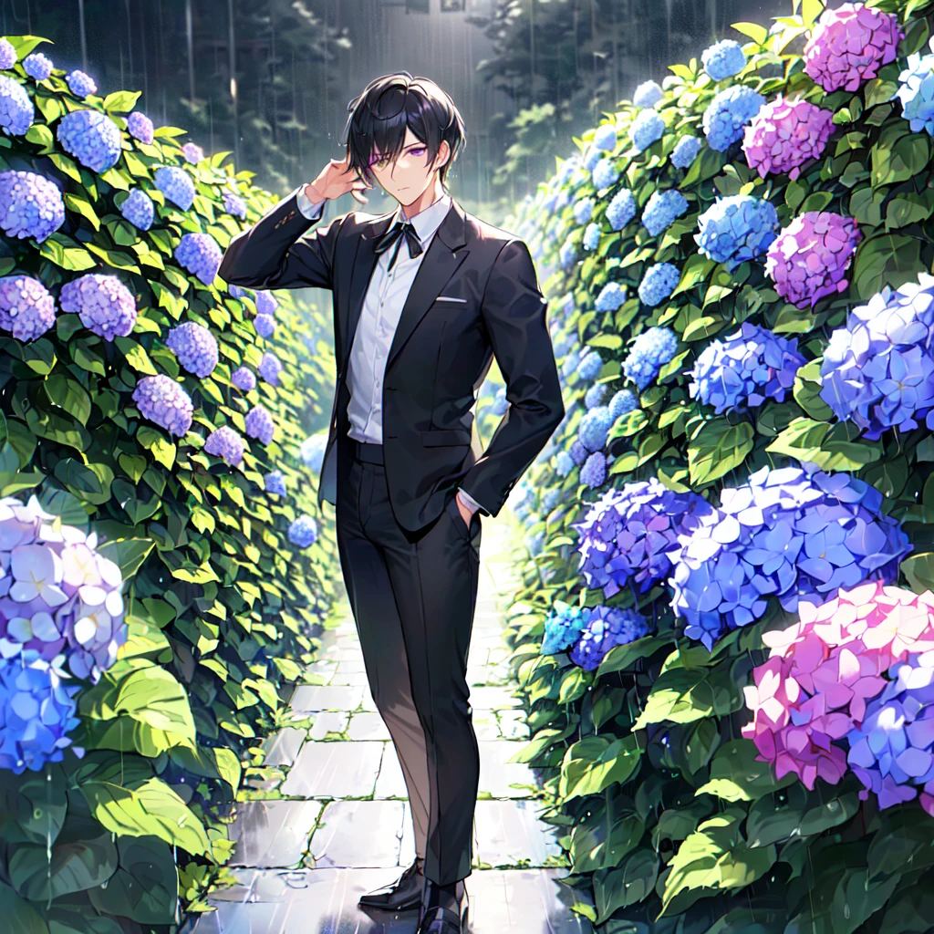 masterpiece,best quality,high quality,(1 male austere good-looking man solo adult age 30: 1.5), purple eyes, cool with suspended eyes, V-shaped eyebrows, body strong and fearless 8.5 head tall, height 185 cm, (well-groomed black short hair down to neck: 1.4), (bangs split into seven thirds: 1.4), slender nose, expression lines, throat, (shirt and black trousers: 1.3), (hand on face), (standing), (stylish pose), (melancholy expression: 1.3), (background hydrangea garden: 1.3), (night rain: 1.3)