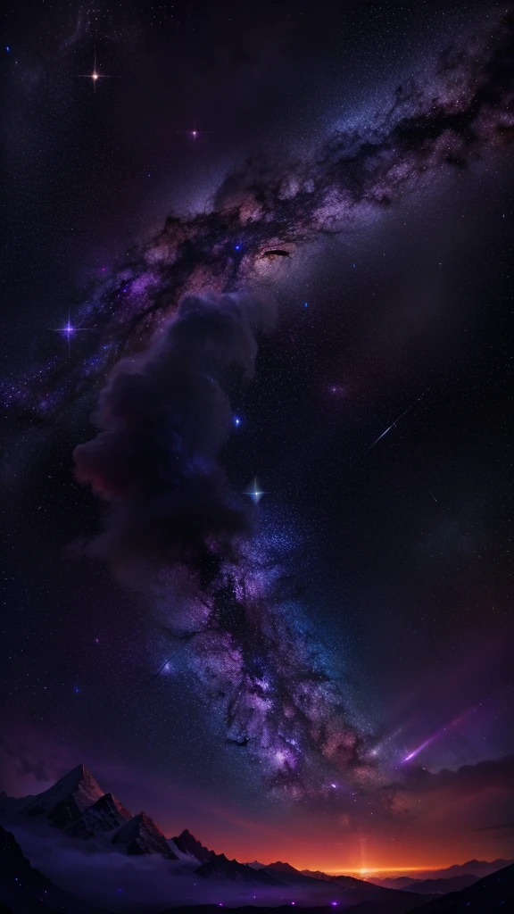 (Purple bright light) Nebula in the background, View from the planet, (Ultra-realistic), (masterpiece), Interstellar, Milky Way, 8K, Awesome Screensaver, Live Wallpapers