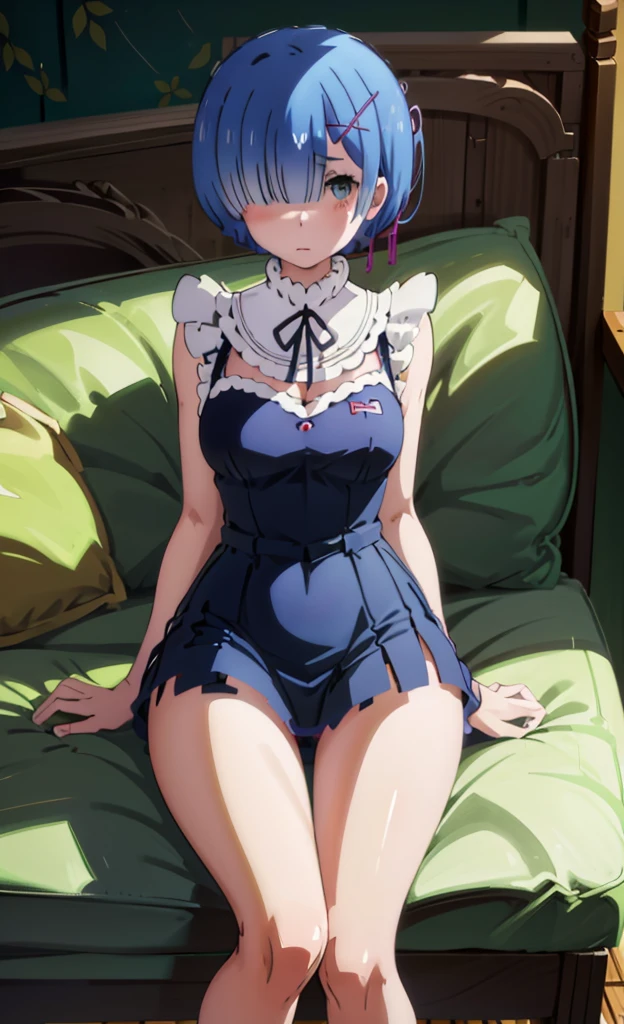 On the sofa、I can see her panties、M-shaped legs、M-shaped leg-shaped legs、Crouching、、I can see her panties、Blushing、Feeling embarrassed、Blushing、Blue Hair