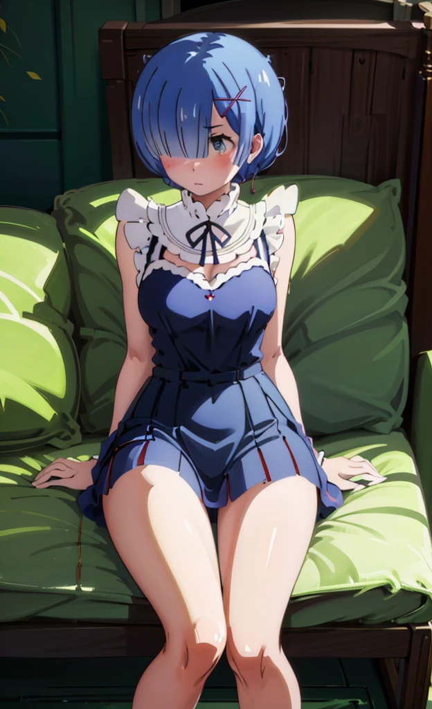 On the sofa、I can see her panties、M-shaped legs、M-shaped leg-shaped legs、Crouching、、I can see her panties、Blushing、Feeling embarrassed、Blushing、Blue Hair