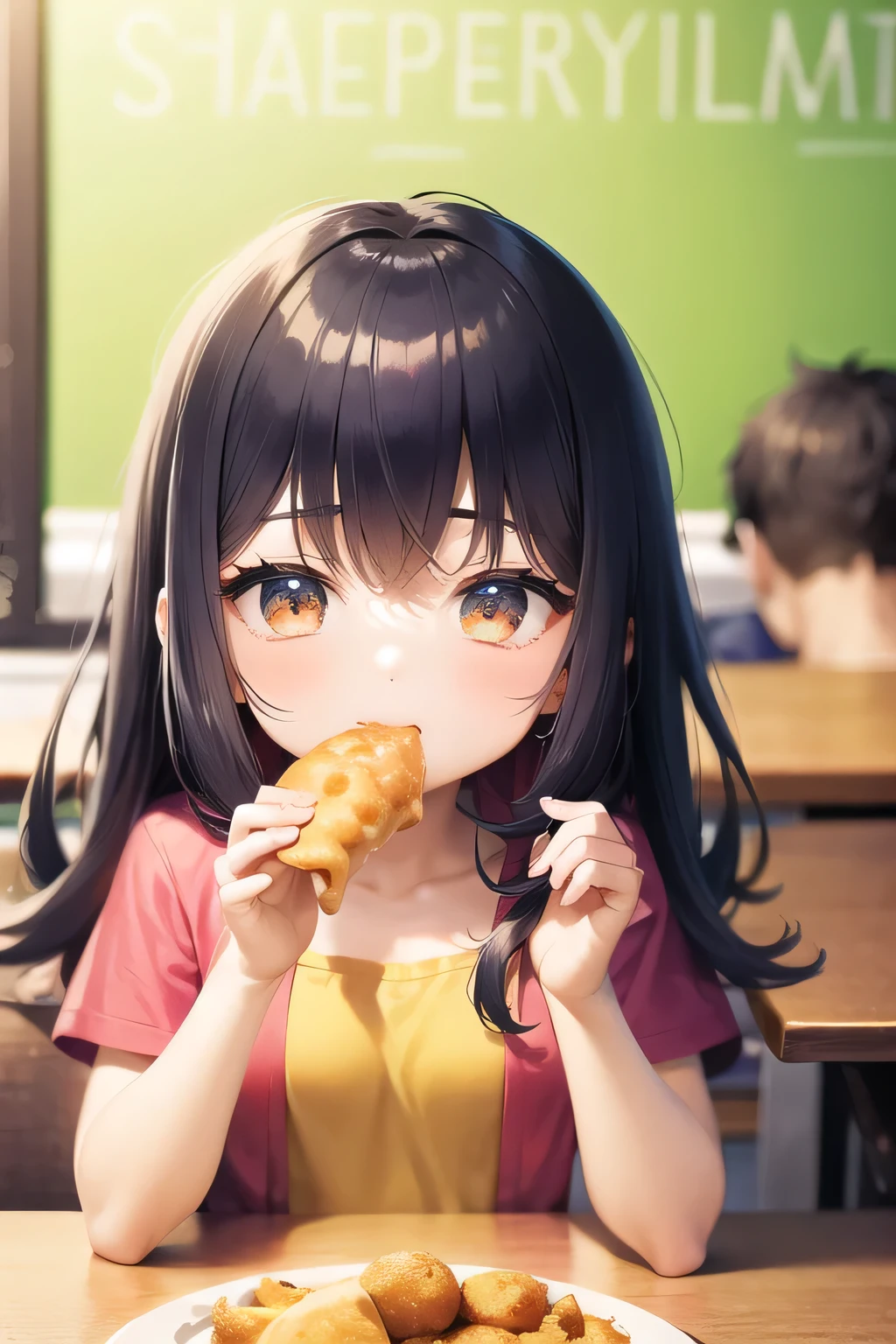 Give a me poster of a empty college canteen in background where only the Indian girl and Indian boy seating in a table and eating samosa , without face reveal in illustration