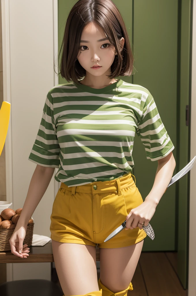 Hot girl holding knife in green shirt with yellow horizontal stripes,Fair Skin,black boots and shorts,dark shaped eyes, chestnut hair.