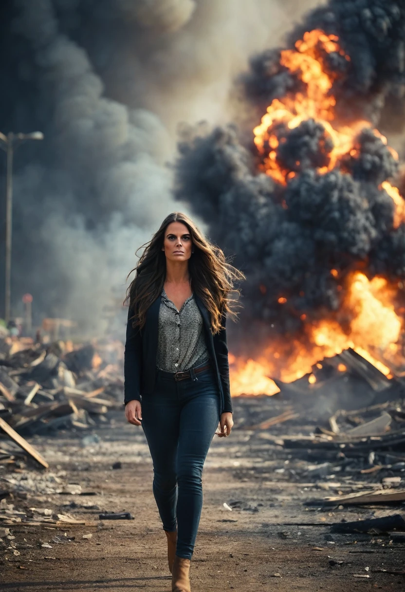 beautiful woman, long brunette hair, walking toward the viewer, huge explosion in the background, debris flying everywhere, fire, smoke, shallow depth of field, vignette, highly detailed, high budget, bokeh, cinemascope, moody, epic, gorgeous, film grain, grainy