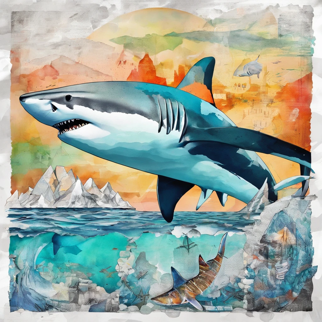 Requin controlant, inquiétant inquisiteur, regard froid et glacé, fonds ocean iceberg ::2 colorfull ink painting ::2 fantastic art