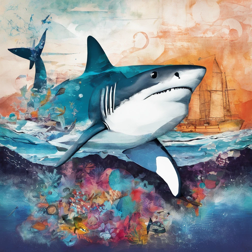 Requin controlant, inquiétant inquisiteur, regard froid et glacé, fonds ocean iceberg ::2 colorfull ink painting ::2 fantastic art