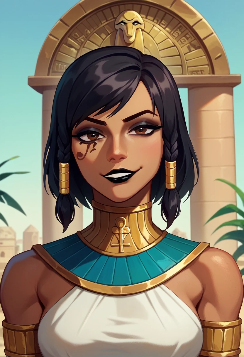 score_9, score_8_up, score_7_up, 1girl, solo, Pharah, brown eyes, (Eye of Horus), (black lipstick), portrait, smug, smirk, Egyptian clothes, outdoors, Egyptian temple,