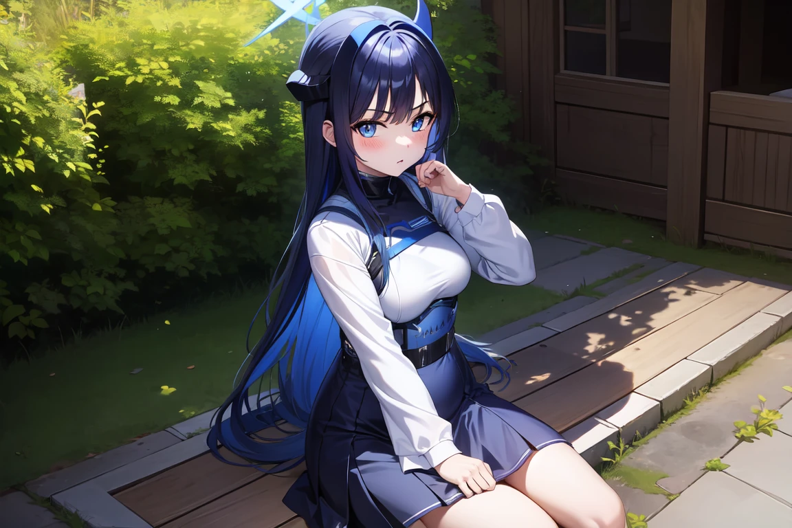 1girl,solo, saorijoumae, saori joumae, blue eyes, blue hair, halo, long hair, sitting, looking at viewer, adventurer clothes, light armor, horns, outdoors